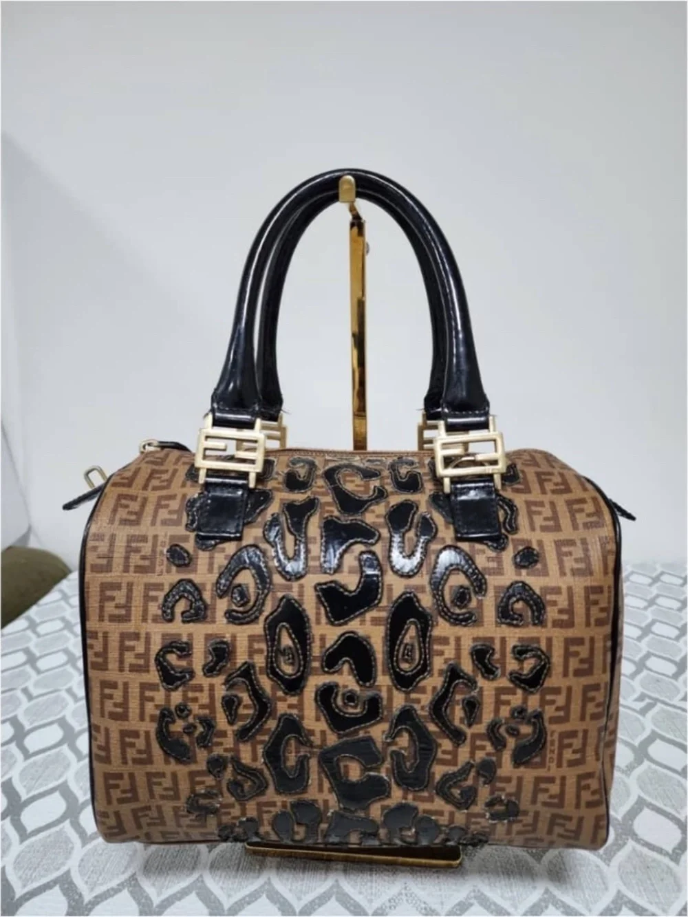Authentic Fendi Zucchino Coated Canvas And Patent Leather Boston Bag Brown/Black